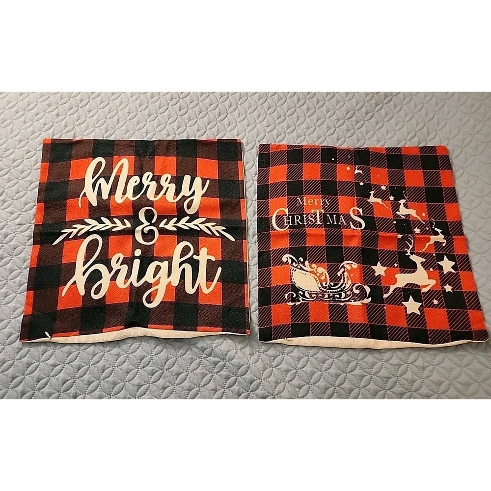 Lot Of 2 Outdoor Pillow Covers Christmas Reindeer Red & Black 17"x17"